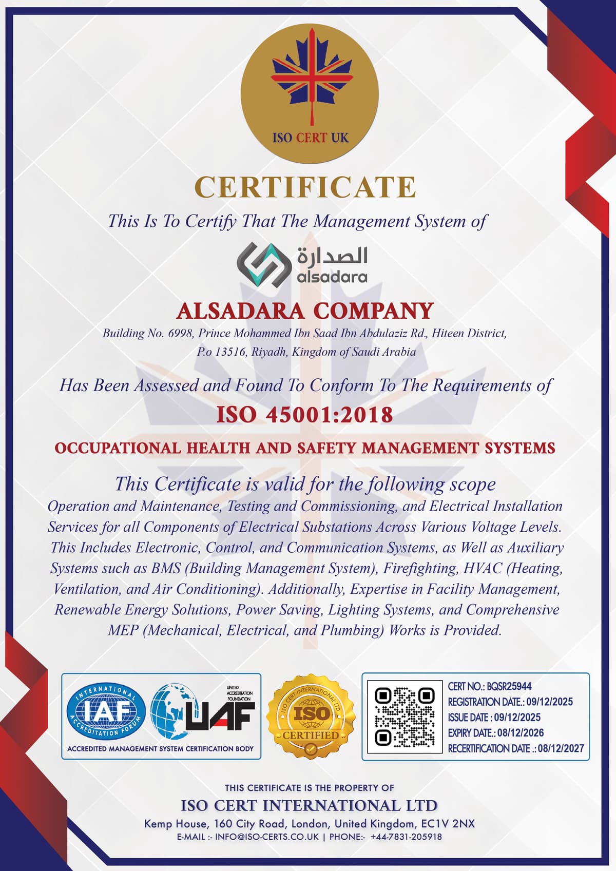 ISO 45001:2018 - alsadara certification